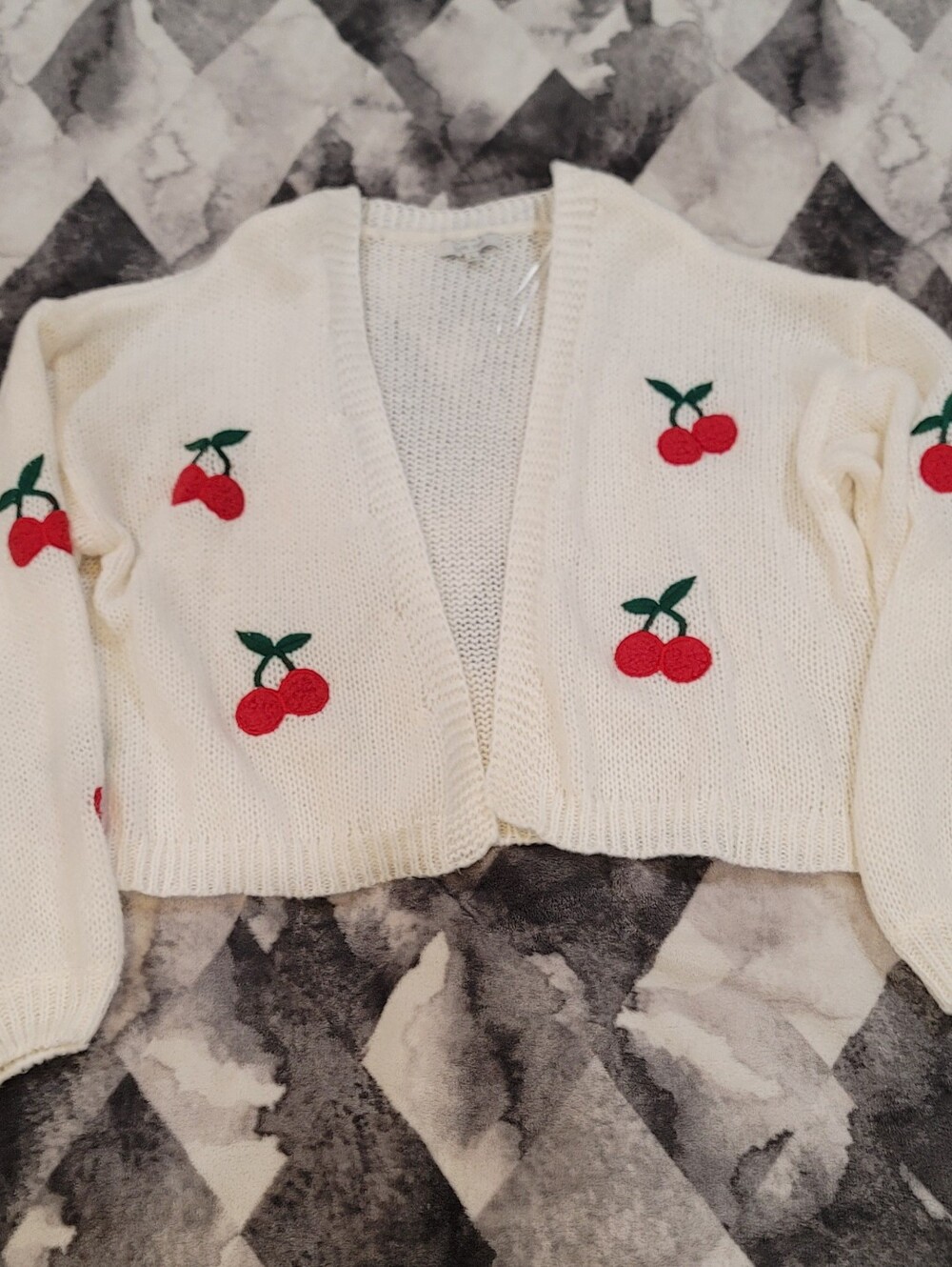 Love Tree Cream Cropped Cardigan with Red Cherry Embroidery